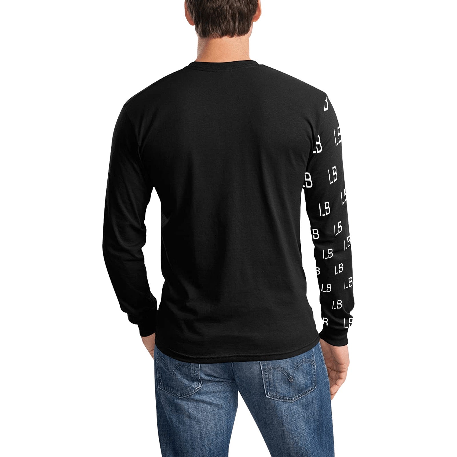 Man in black long-sleeve shirt with white text on one sleeve, wearing blue jeans, shown from behind.
