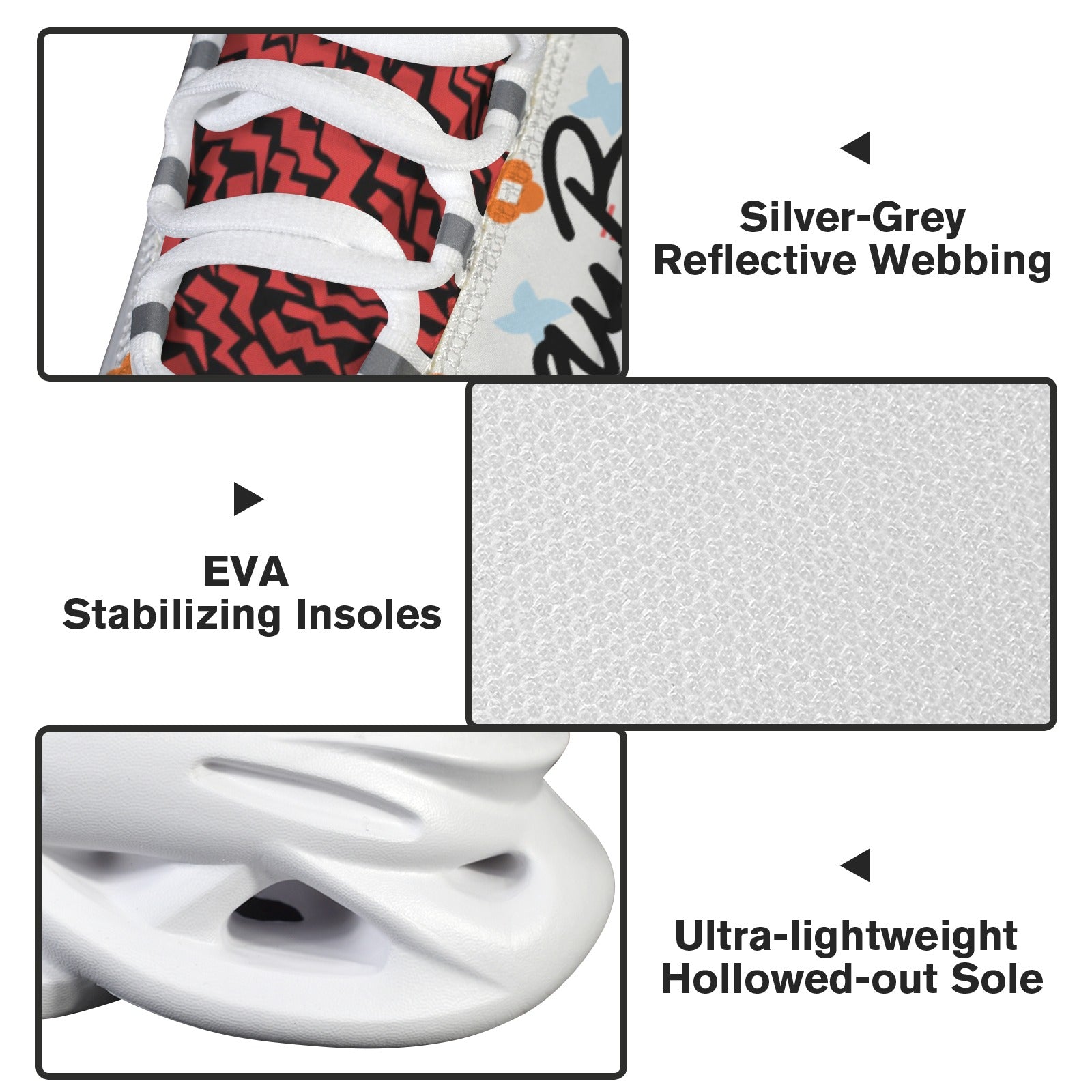 Close-up of shoe features: silver-grey webbing, EVA insoles, lightweight hollowed-out sole.