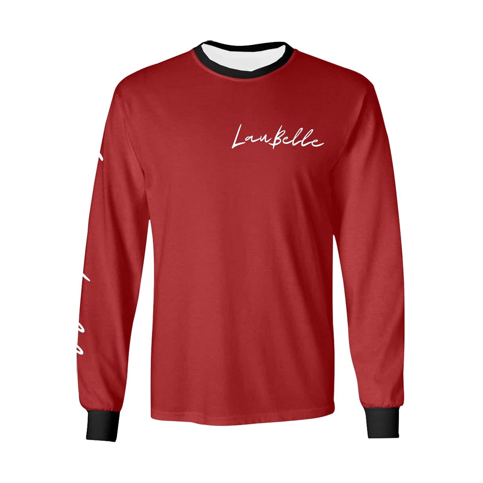 Red long-sleeve shirt with white script text, black cuffs, and collar.