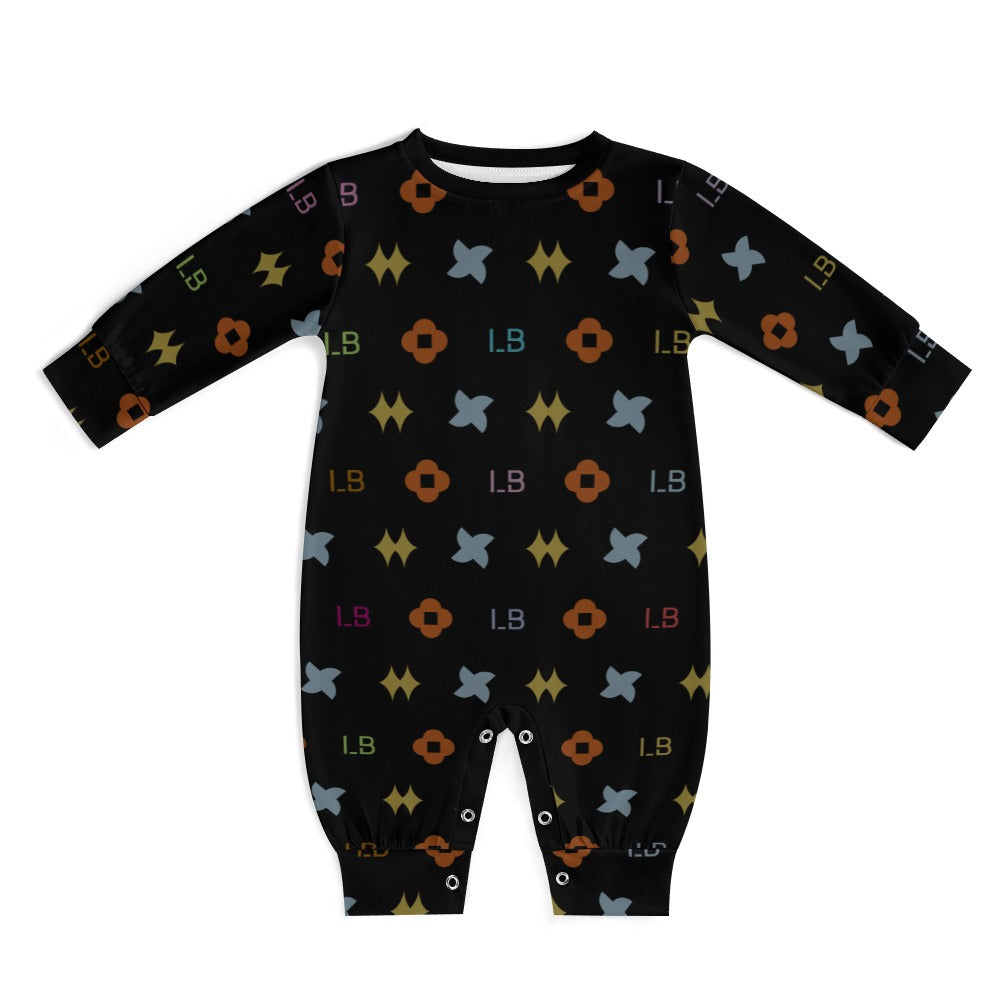 Black baby onesie with colorful geometric patterns and "LB" letters.