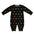 Black baby onesie with colorful geometric patterns and "LB" letters.
