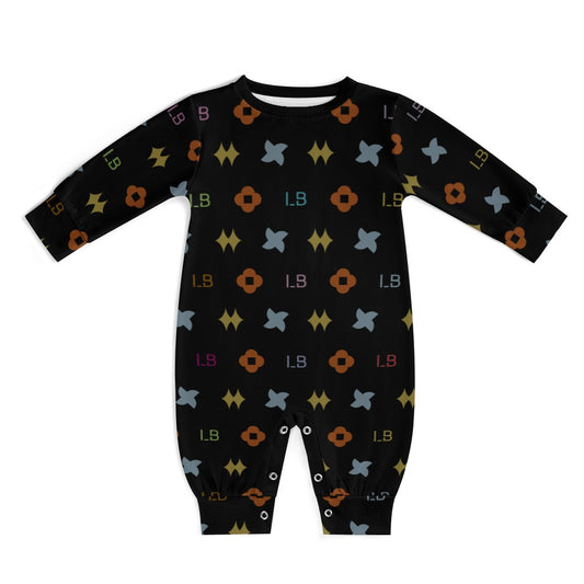 Black baby onesie with colorful geometric patterns and "LB" letters.