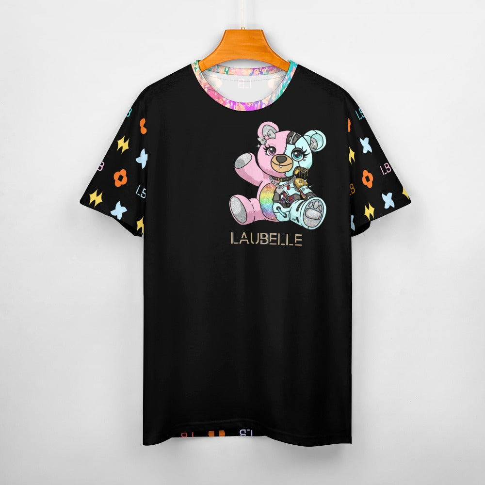 Black T-shirt with colorful bear graphic and “LAUBELLE” text, patterned sleeves on hanger.