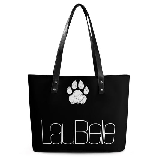 Black tote bag with long handles, white paw print, and "LauBelle" text on the front.