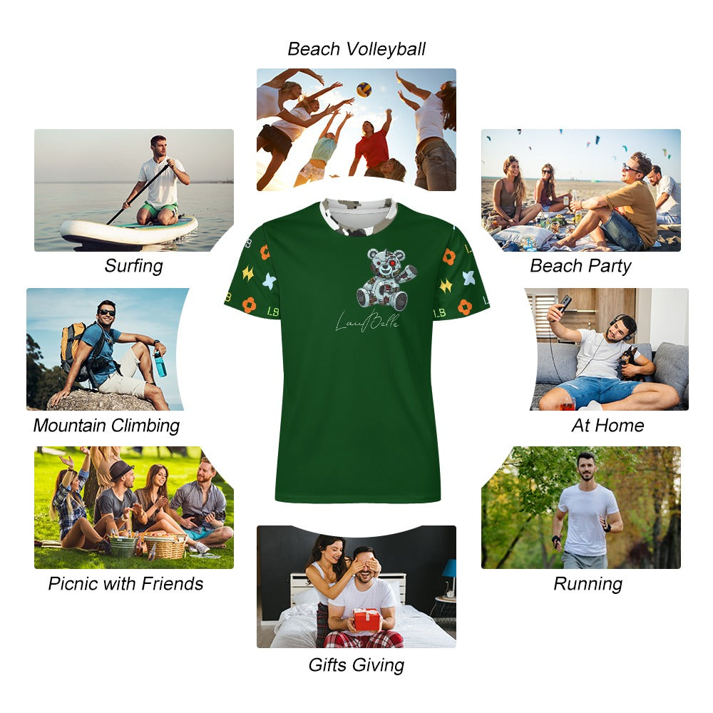 Green teddy bear T-shirt centered amid photos of people at beach, home, and outdoors.