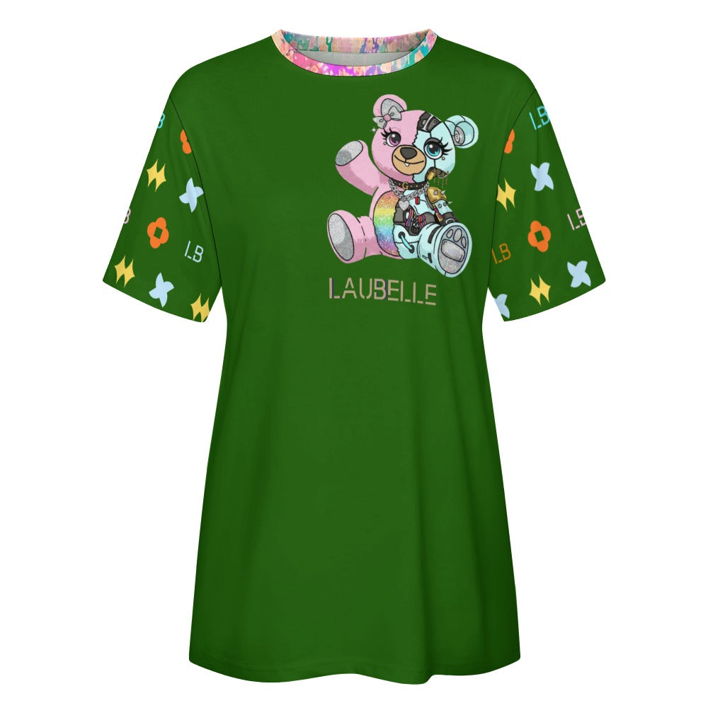Green shirt with multicolor teddy bear graphic, patterned sleeves, and colorful neck trim.