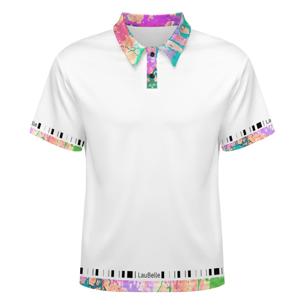 White polo shirt with colorful floral collar and trim, featuring a black and white striped pattern.