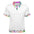 White polo shirt with colorful floral collar and trim, featuring a black and white striped pattern.