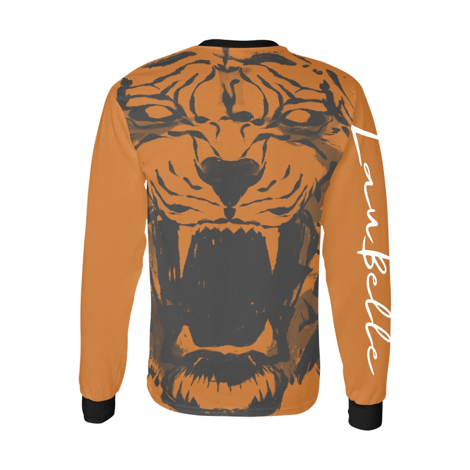 Orange shirt with a large roaring tiger face design, black cuffs, and white script on the sleeve.