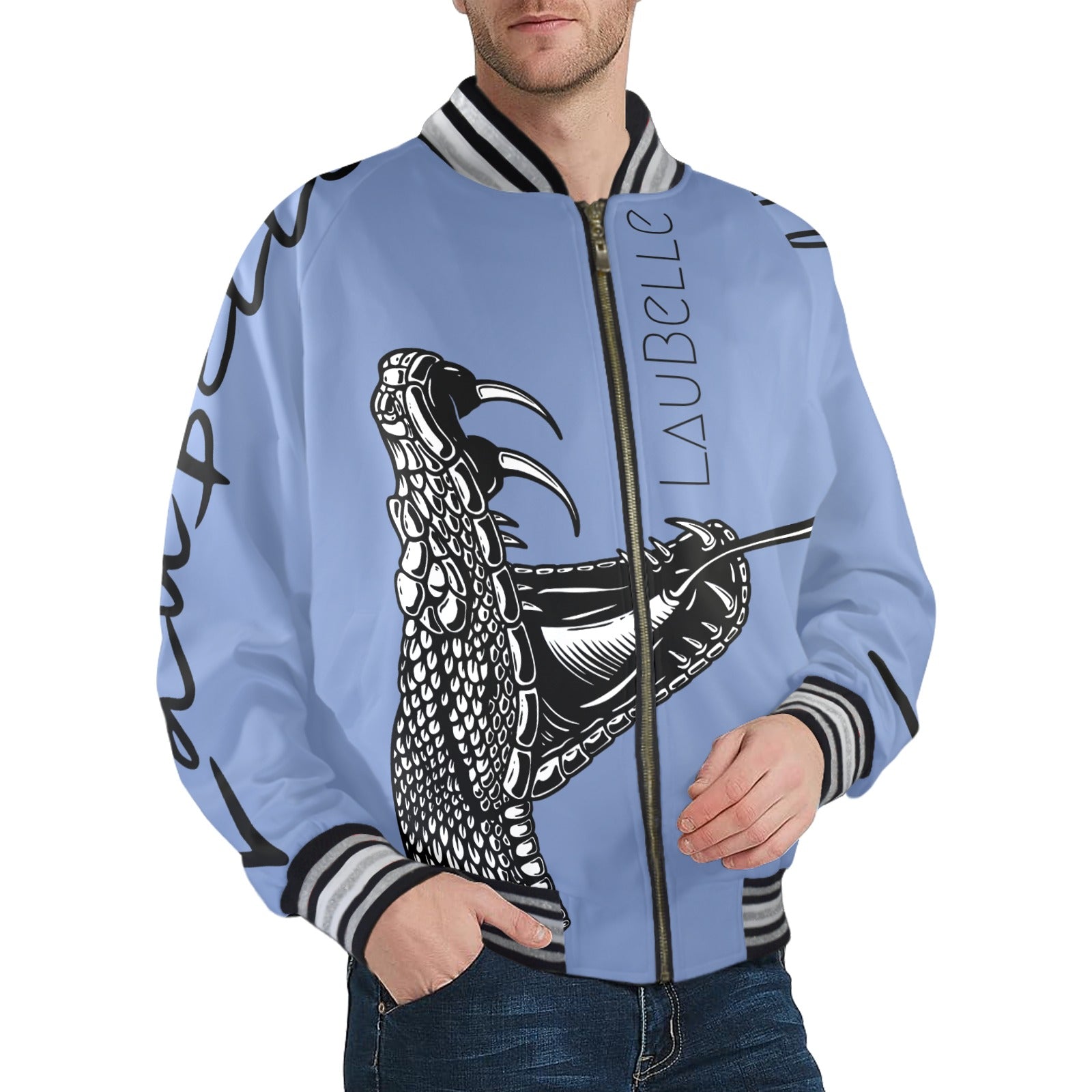 LauBelle Mens Sporty Striped-Trim Metal-Zip Bomber Jacket