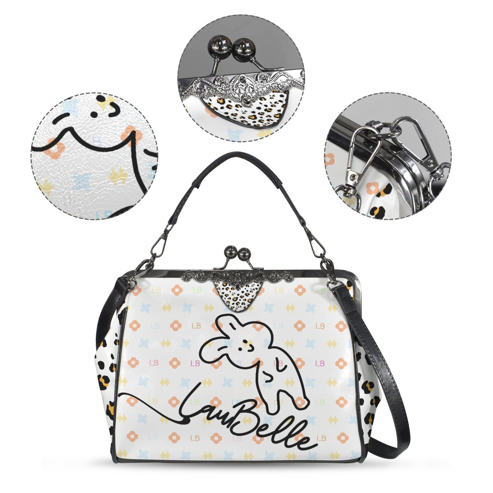 White handbag with cartoon bunny, colorful patterns, black handles, and metallic clasp details.