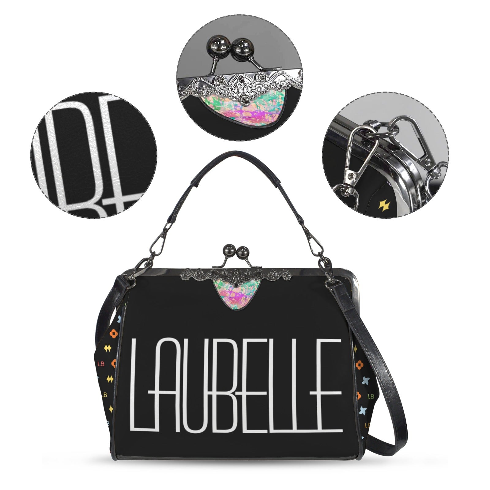 Black handbag with "LAUBELLE" text, colorful detailing, and silver clasps. Three close-up views.