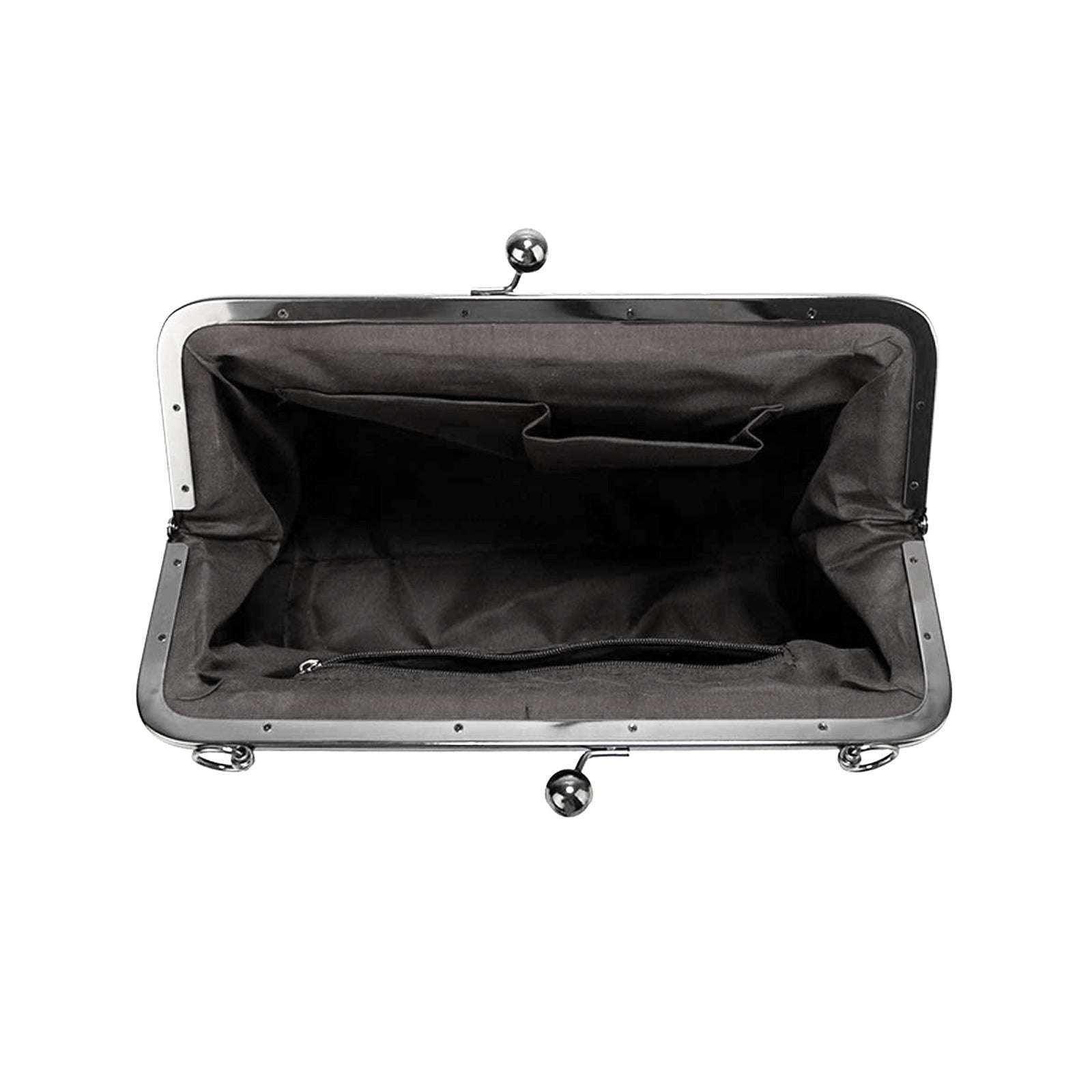 Open black purse with metal frame and clasp, showing interior pocket and spacious compartment.