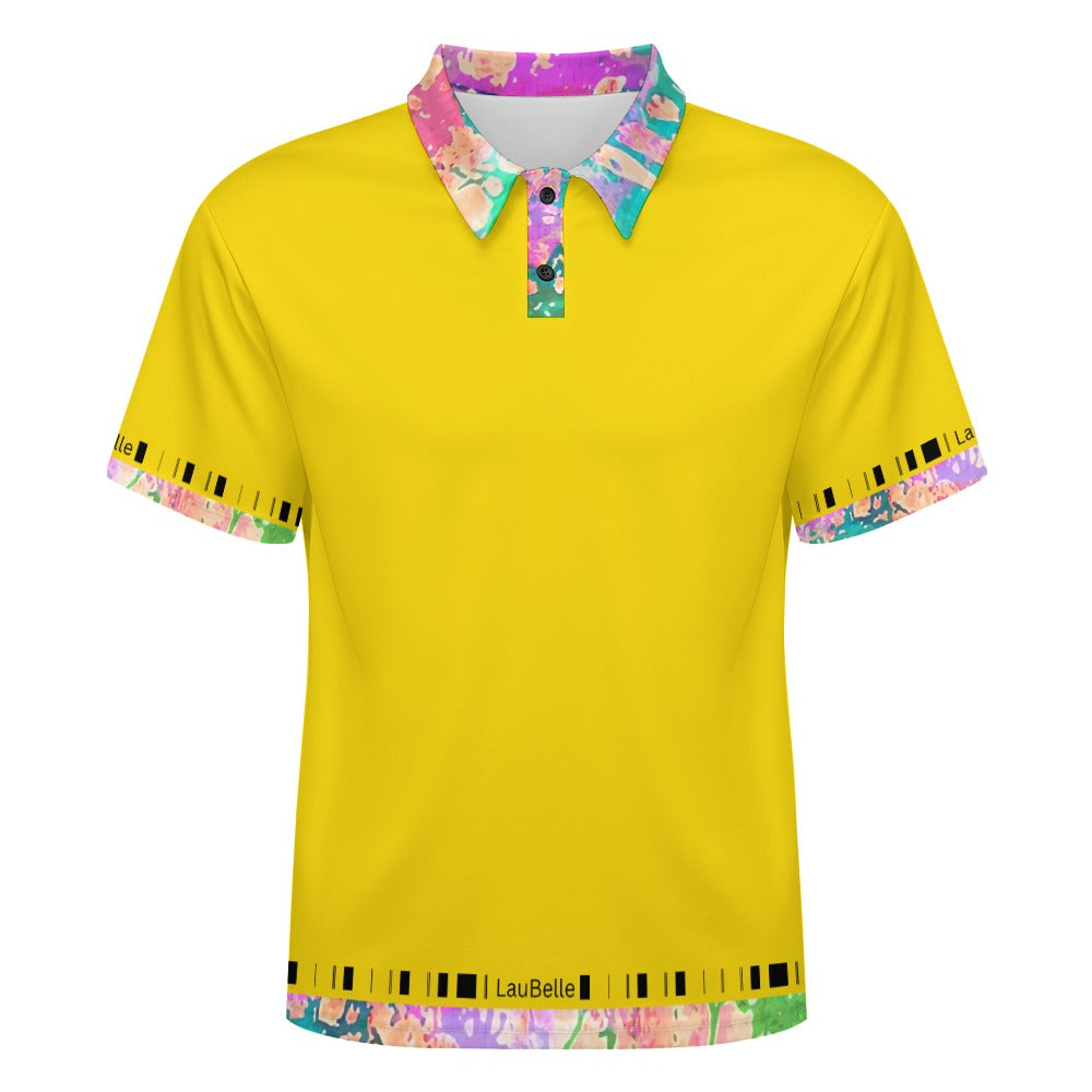 Yellow shirt with a colorful floral collar and sleeve trim, featuring a patterned hem.