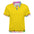 Yellow shirt with a colorful floral collar and sleeve trim, featuring a patterned hem.