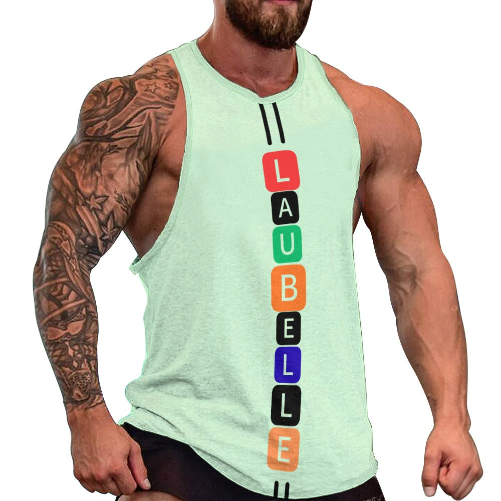 Muscular man in mint green tank top with colorful vertical text and black stripes.