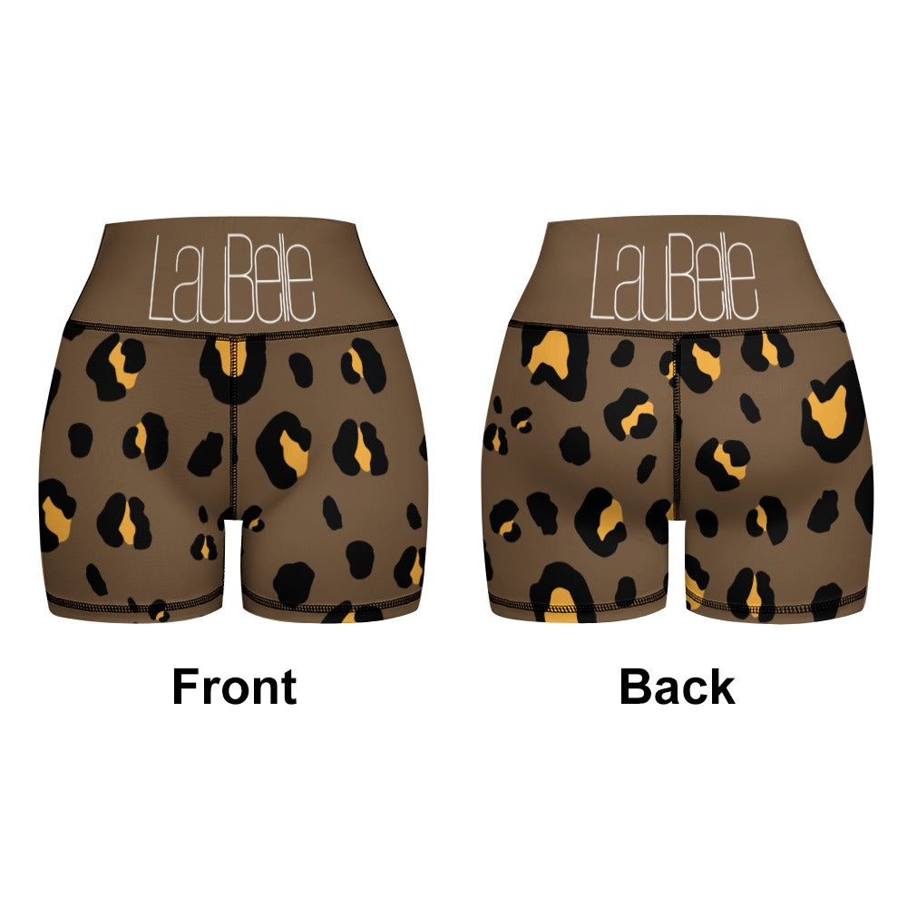 Brown shorts with black and yellow leopard print, shown from front and back.