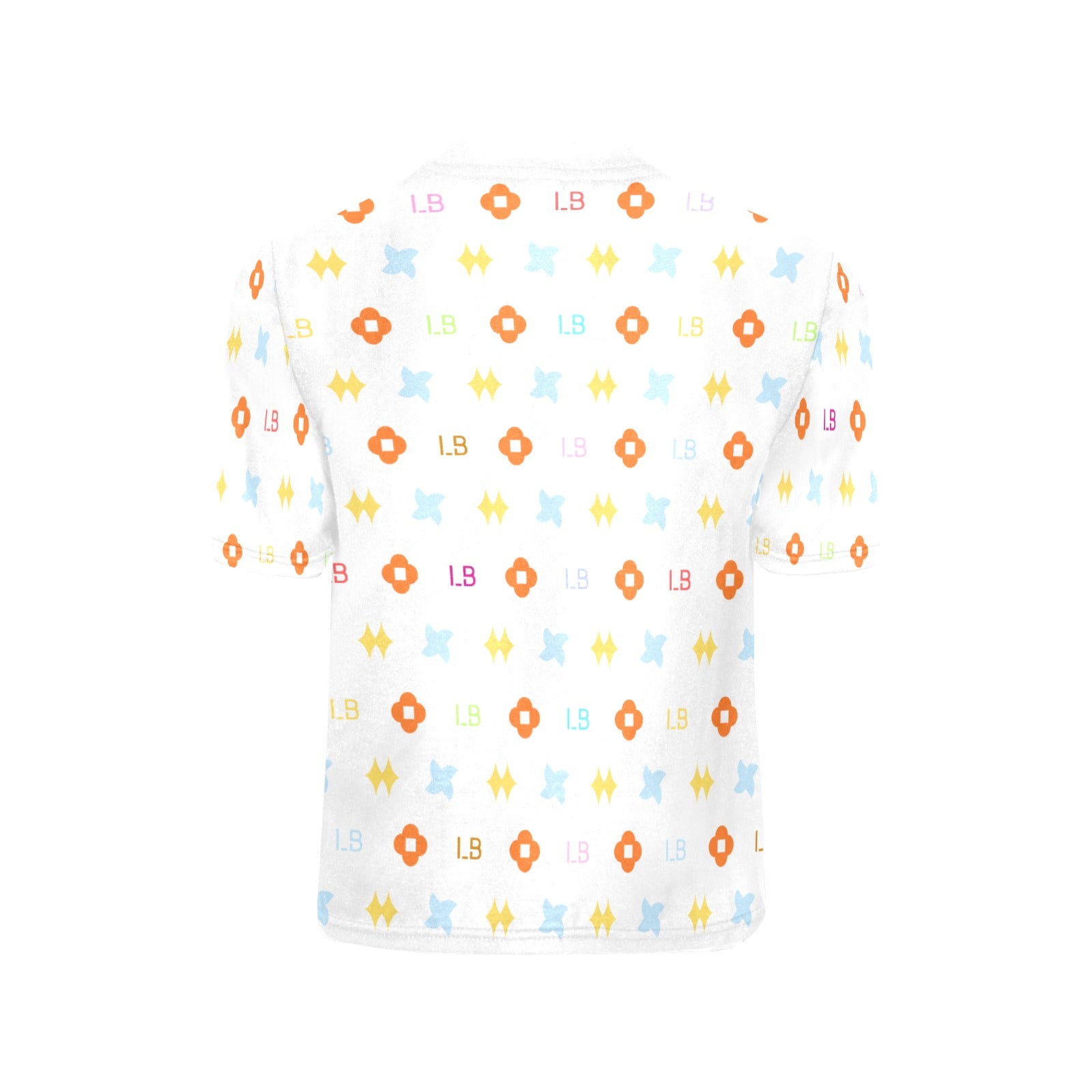 White T-shirt with colorful geometric patterns and letters in orange, blue, red, and yellow.