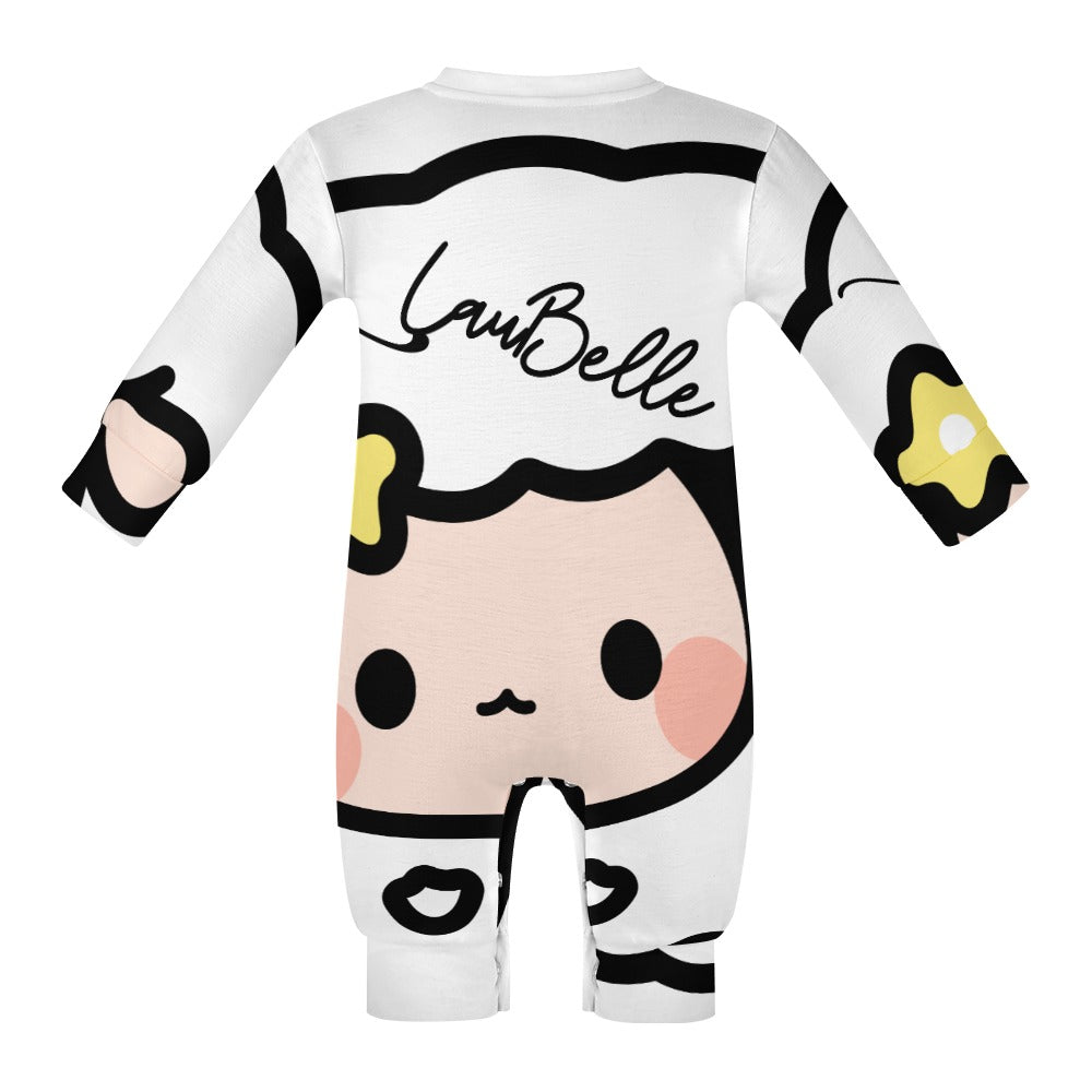 White baby onesie with cute cartoon face, rosy cheeks, and yellow star accents. "LuvBelle" text.