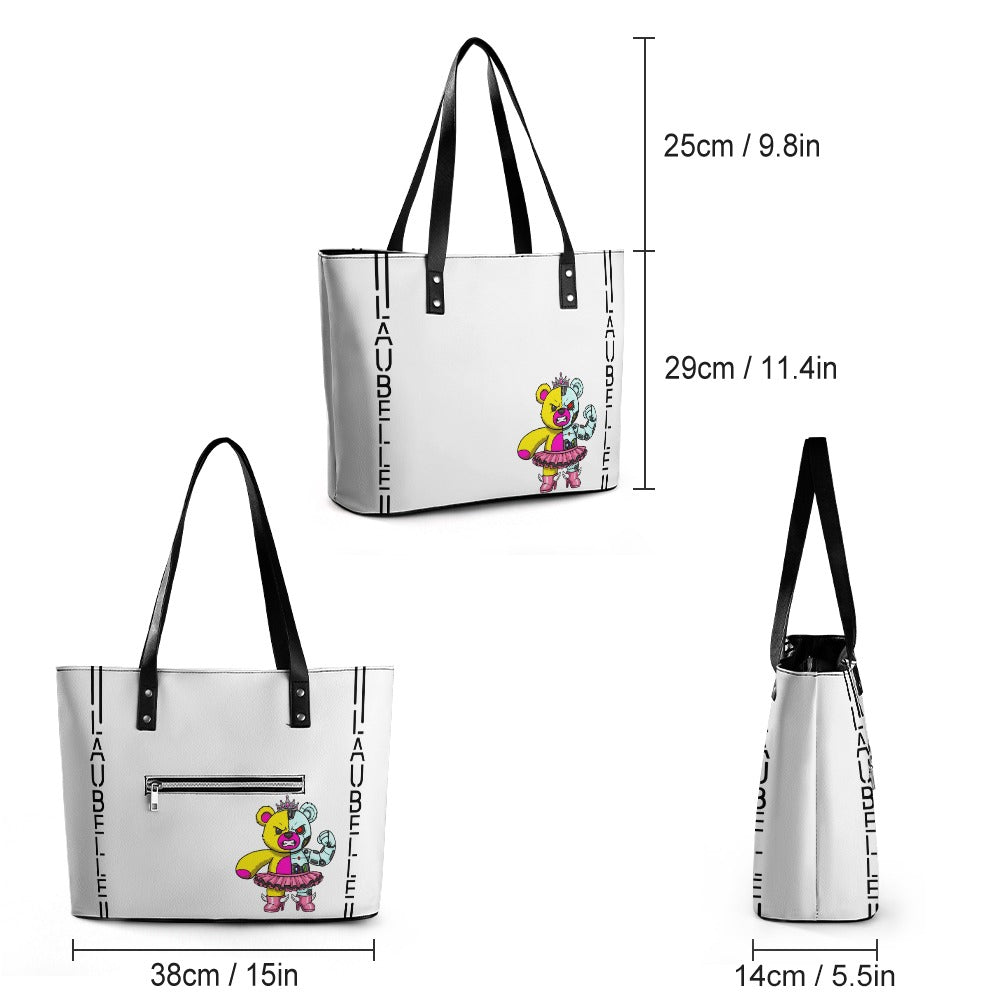 White tote bag with black handles, colorful cartoon character, and size dimensions shown.