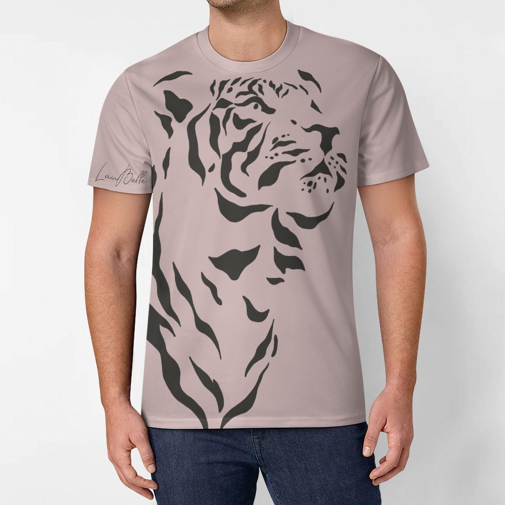 Man in light mauve T-shirt with large black tiger silhouette printed across front.