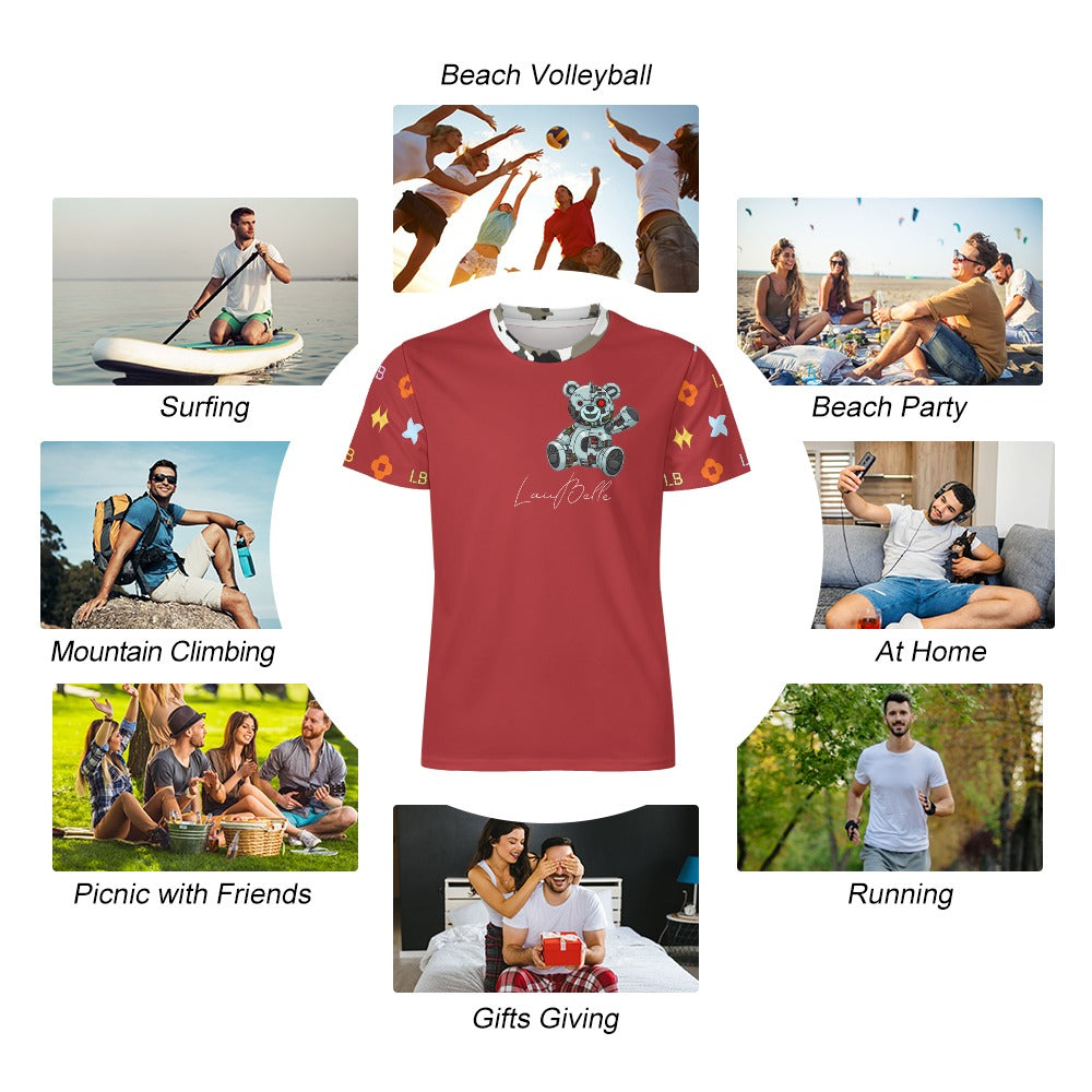 Red teddy-bear t-shirt centered among photos of people surfing, partying, running, relaxing.
