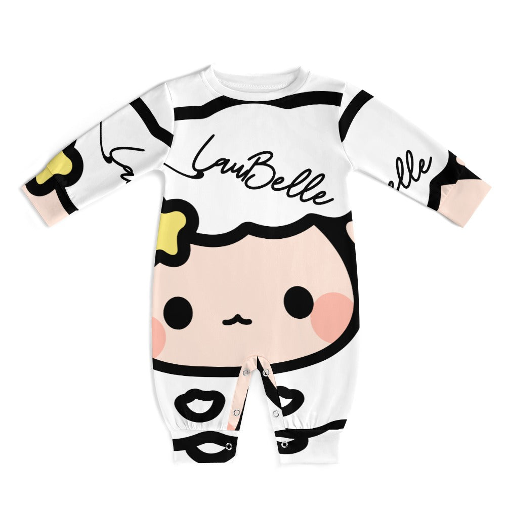 White baby romper with a cute cartoon face, black outlines, and yellow star accents.