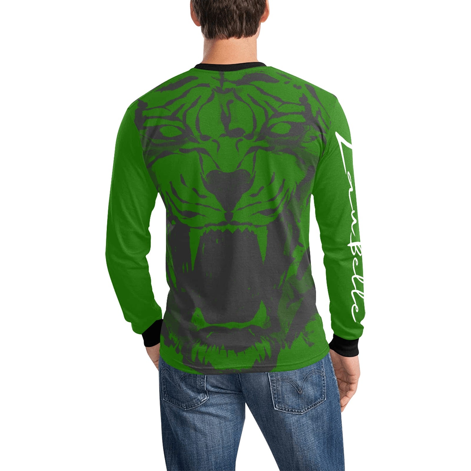 Man in green shirt with large tiger face design on back, black cuffs, and blue jeans.