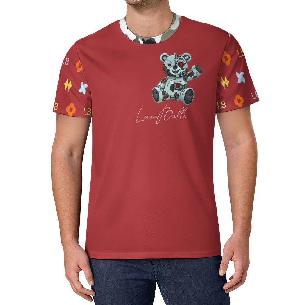 Man in red T-shirt with patterned sleeves and cartoon teddy bear graphic on chest