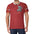 Man in red T-shirt with patterned sleeves and cartoon teddy bear graphic on chest