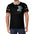 Man wearing black T-shirt with cartoon teddy bear and colorful patterned sleeves.