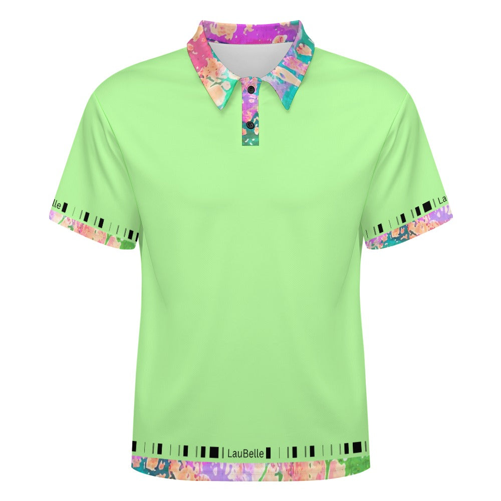 Light green polo shirt with colorful floral collar and sleeve trim, featuring a small label.