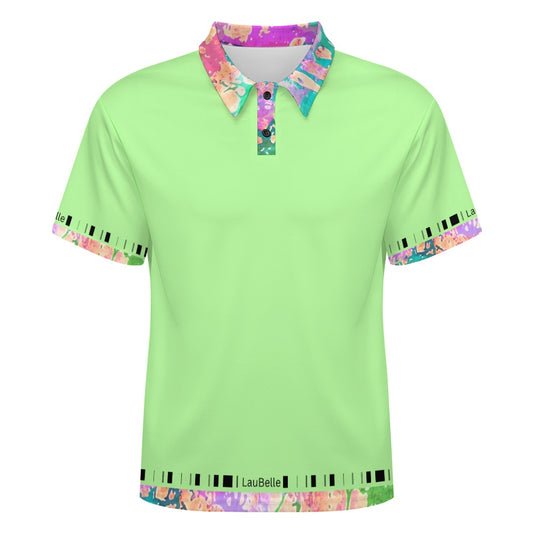 Light green polo shirt with colorful floral collar and sleeve trim, featuring a small label.