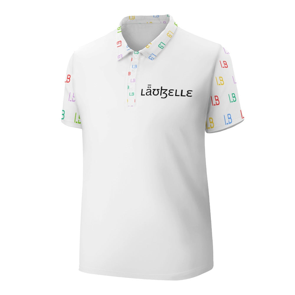 White polo shirt with colorful "LB" letters on sleeves and collar, "LAUZELLE" text on chest.
