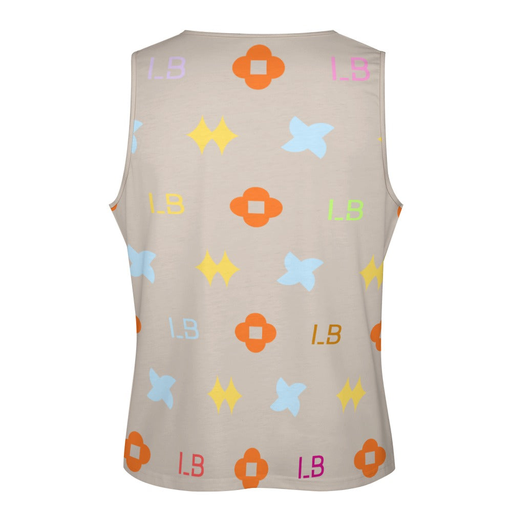 Beige sleeveless shirt with colorful floral and geometric patterns in orange, blue, yellow.