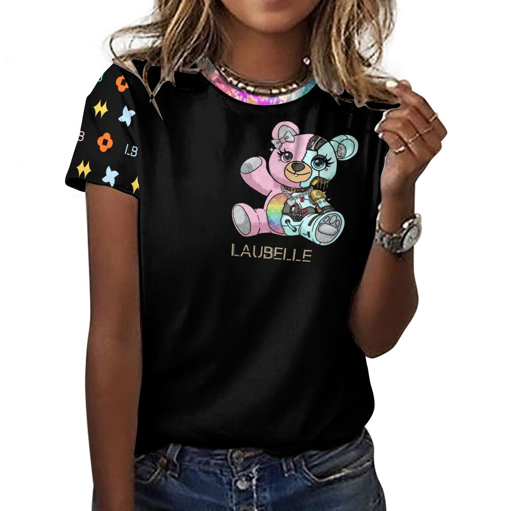 Woman in a black shirt with a colorful teddy bear graphic and patterned short sleeves.
