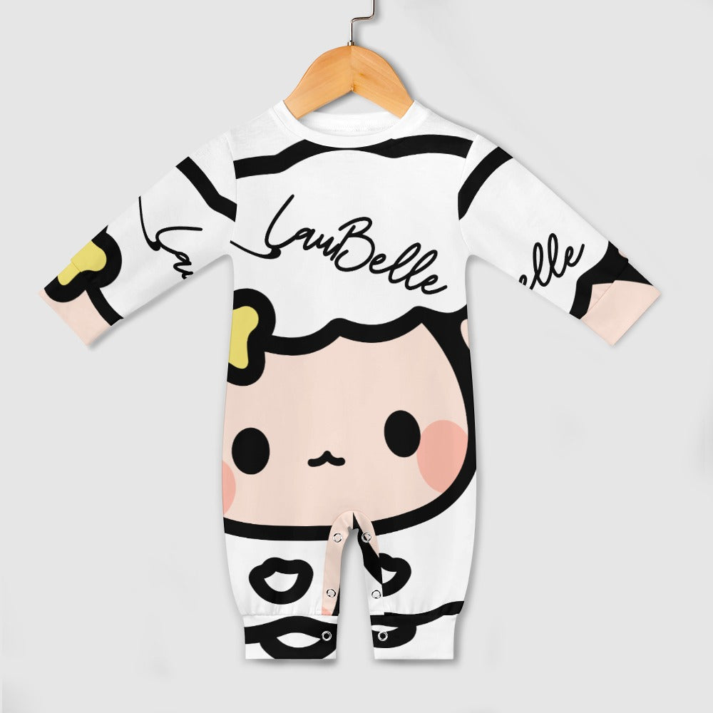 Cute baby romper with cartoon face, handwritten text, black and white design on a hanger.