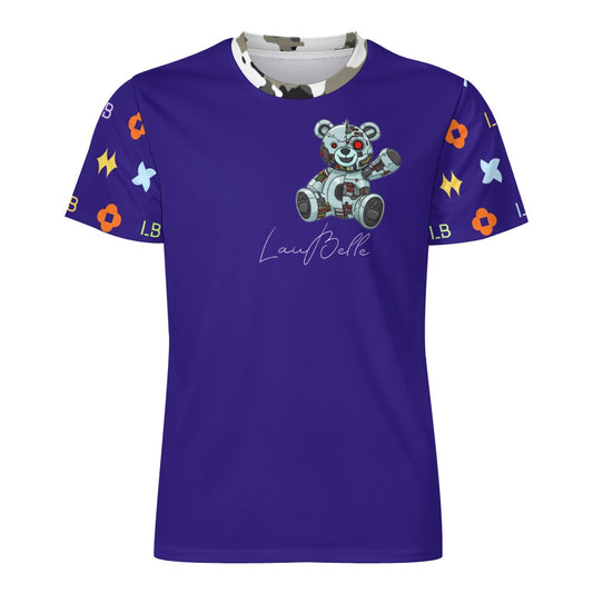 Purple T-shirt with robotic teddy bear graphic and multicolor patterned short sleeves.