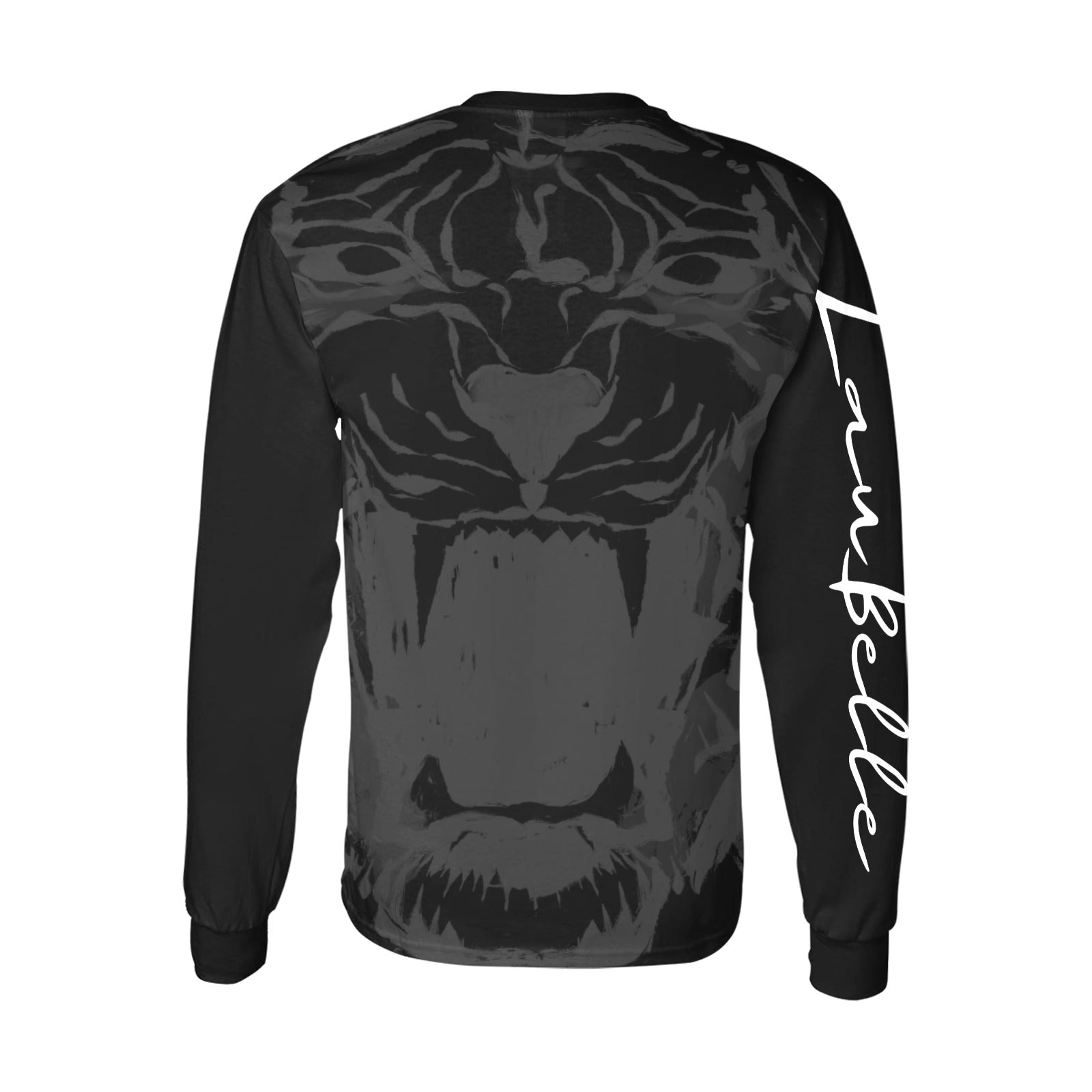 Black sweatshirt with a gray roaring tiger face on the back and cursive text on the sleeve.