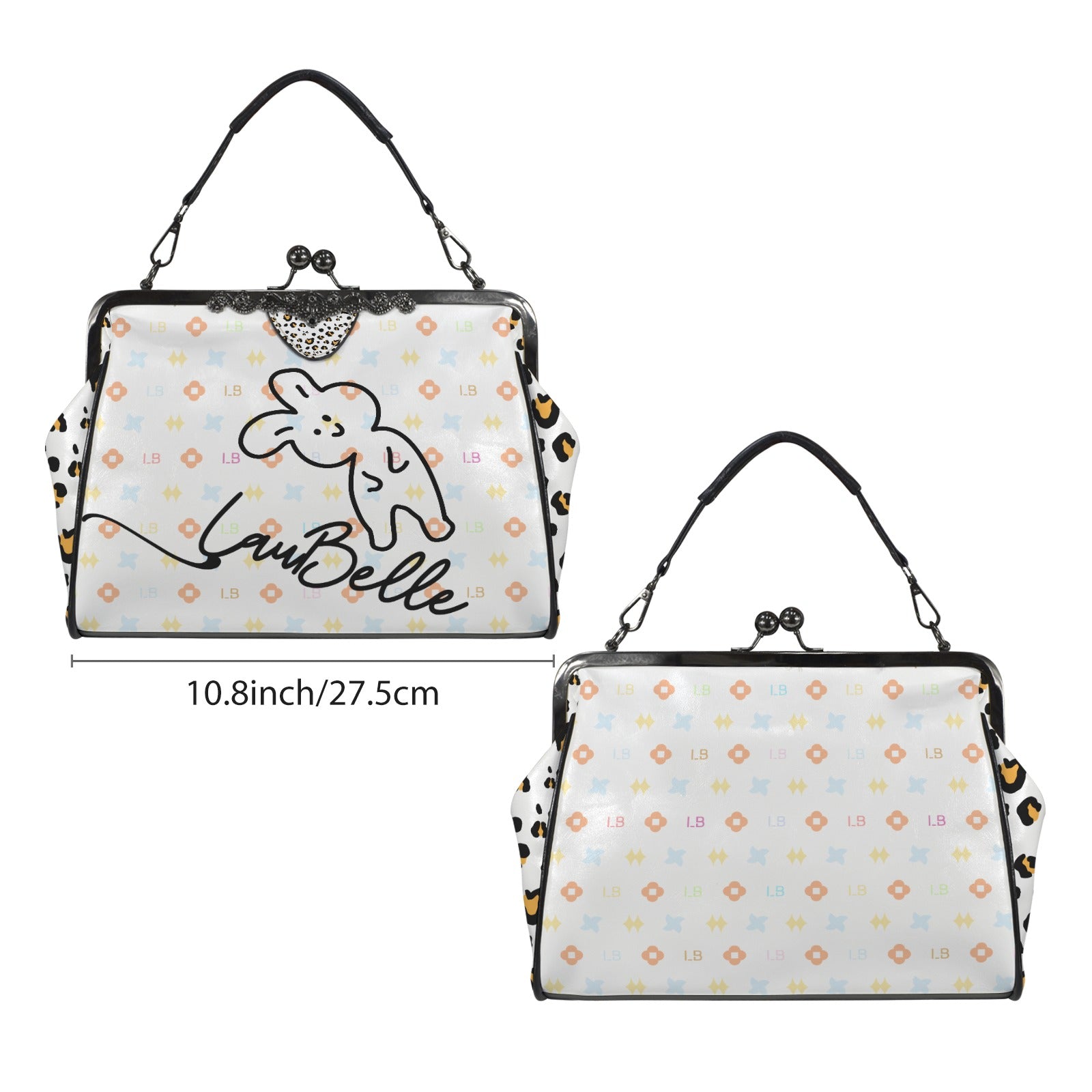 White handbag with cartoon bunny design, black handles, and orange pattern accents.