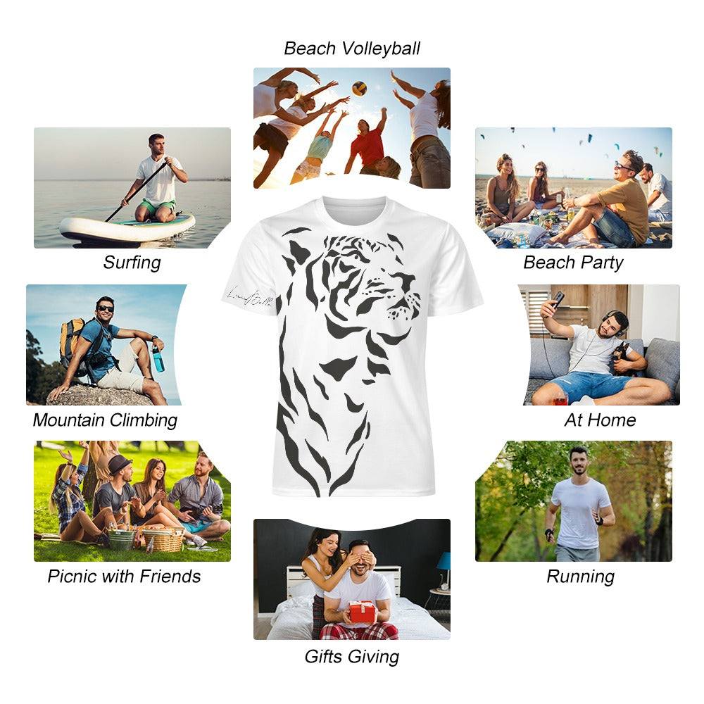 White T-shirt with black tiger print, surrounded by photos of people in various outdoor activities