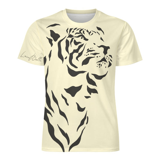 Cream T-shirt with large black tiger silhouette graphic on front and sleeve signature.