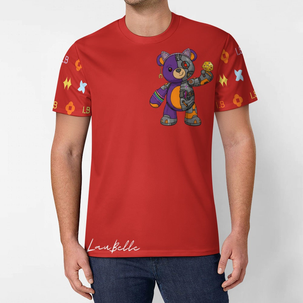 Red T-shirt with colorful patchwork teddy bear graphic and small geometric sleeve prints.