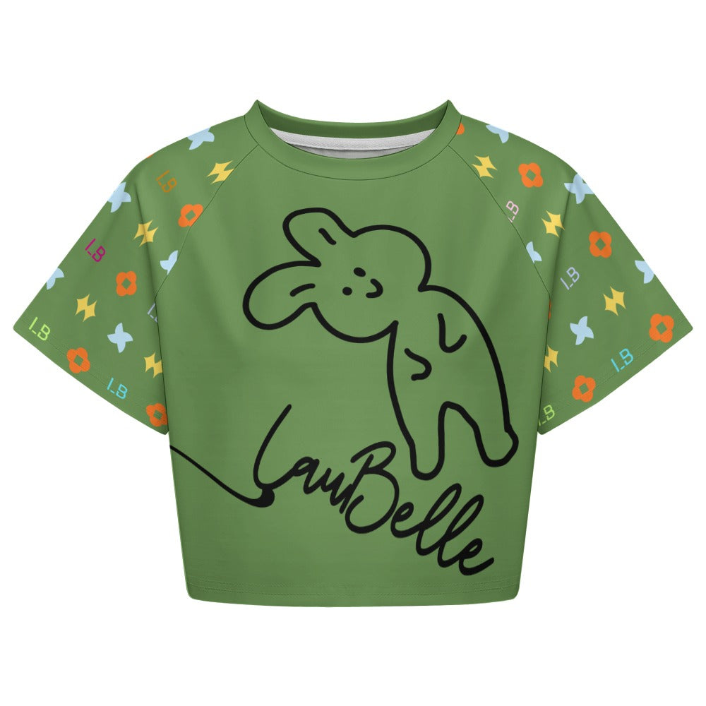 Green crop top with bunny illustration, multicolored shapes on sleeves, and "Laubelle" text.