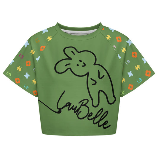 Green crop top with bunny illustration, multicolored shapes on sleeves, and "Laubelle" text.
