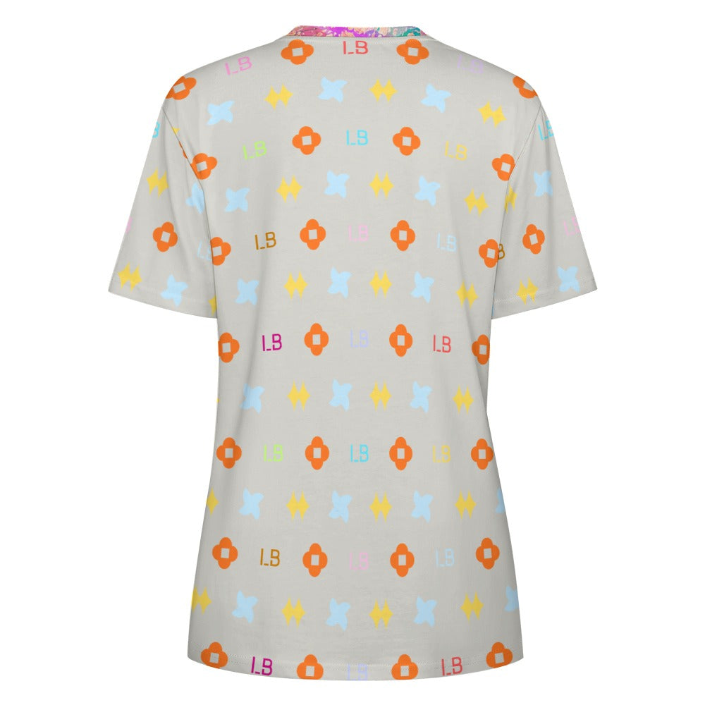 Gray T-shirt with colorful geometric patterns in orange, blue, yellow, and pink.