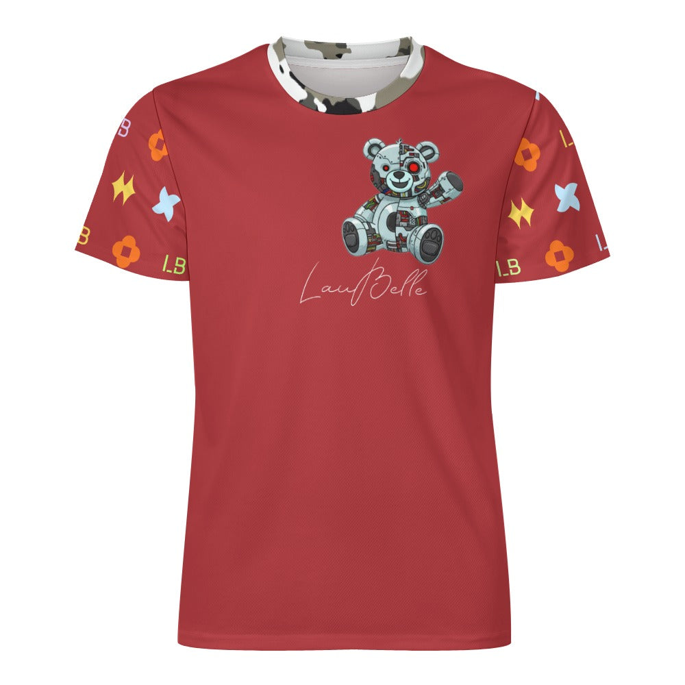Red T-shirt with cartoon camera bear on chest and multicolored patterned short sleeves.