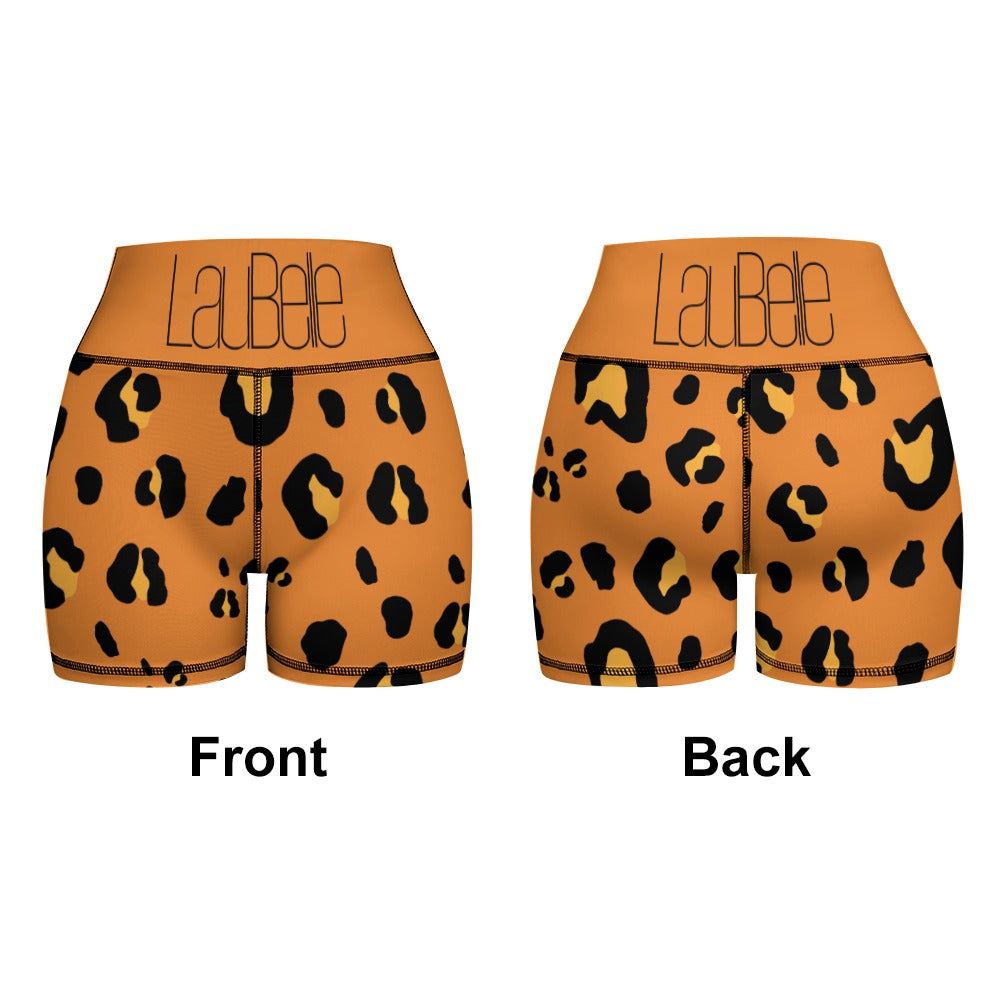 Orange leopard print shorts with "La Beé" on waistband; front and back view shown.