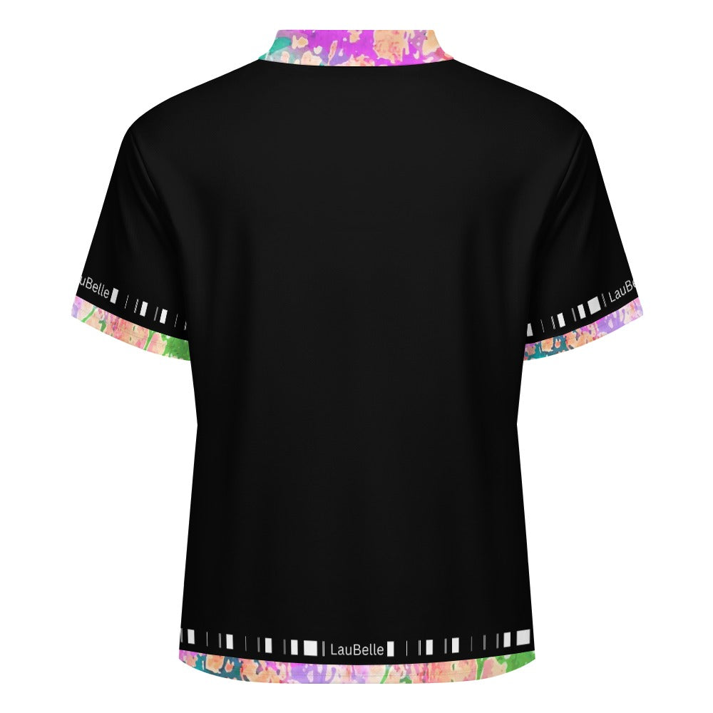 Black shirt with colorful abstract trim on collar, sleeves, and bottom.