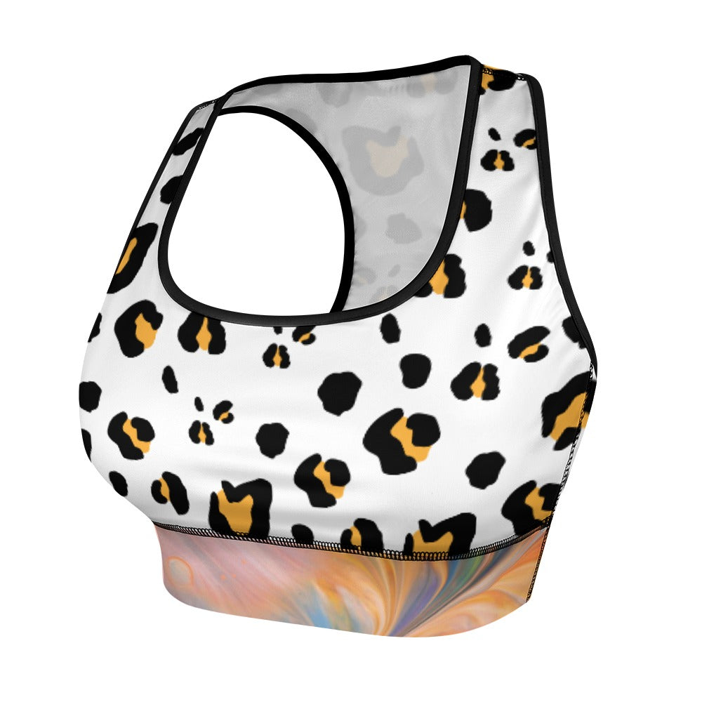 White sports bra with black and orange leopard print, and a colorful swirling pattern at the bottom.